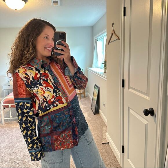 Staud Blue Red Artsy Patchwork Long Sleeve Button Front Top Blouse Medium - Picture 3 of 16